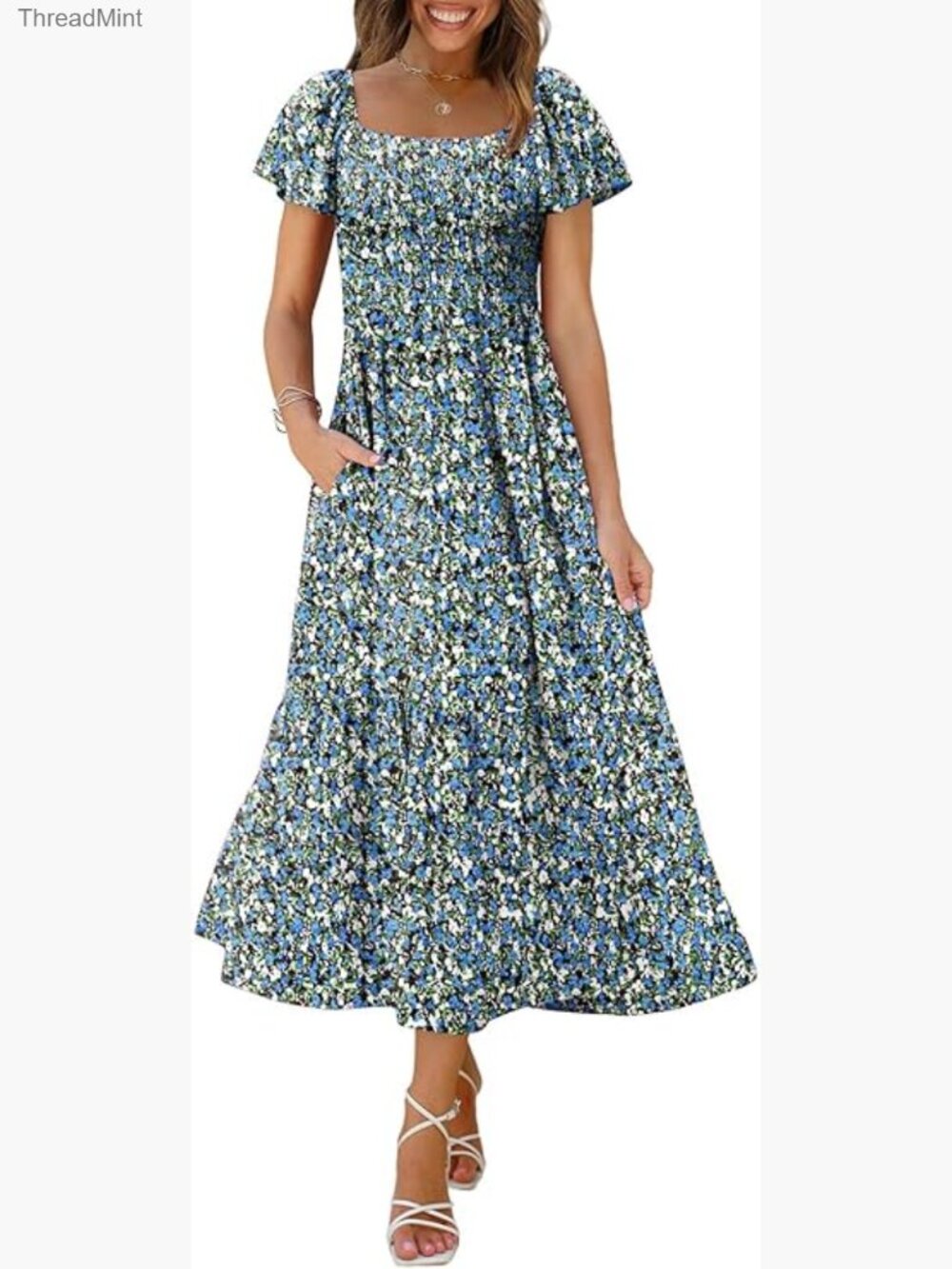 Square Neck Ruffle Sleeve Smocked Maxi Dress with Pockets